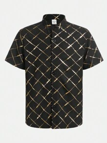 SHEIN 青少年男孩鬆身休閒短袖襯衫,採用提花面料和金箔印花立領 - 黑色 - 查看 1