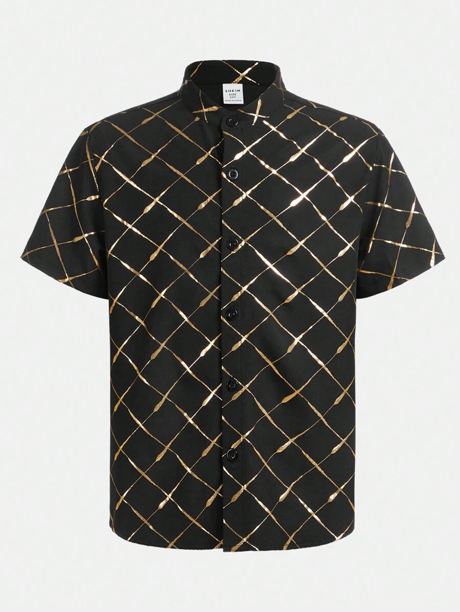 SHEIN 青少年男孩鬆身休閒短袖襯衫,採用提花面料和金箔印花立領 - 黑色 - 查看 1