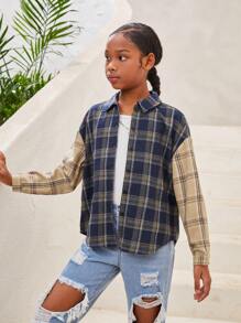 SHEIN Tween 女童编织格子休闲长袖纽扣衬衫 - 藍色 - 查看 5