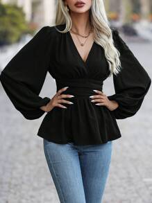 EMERY ROSE Women's Wrapped V-Neck Lantern Sleeve Blouse With Ruffle Hem Peplum Top Fall Cloth For Women
