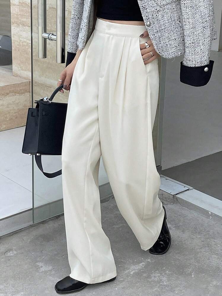 DAZY Calça de Terno Reta de Cor Sólida Casual de Negócios com Bolsos, Calça Social Feminina para Outono/Inverno - Branco - Visão 5