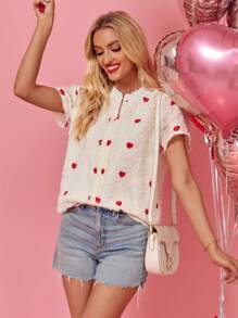 SHEIN LUNE 夏季情人節白色短袖女裝襯衫，心形圖案設計