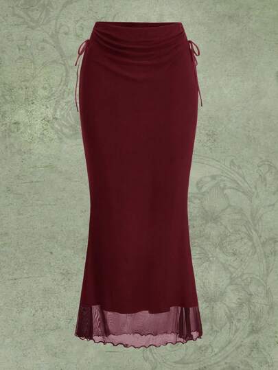 Fairycore Falda Larga De Malla Con Cintas Para Atar Y Diseño De Dobladillo De Sirena Para Mujer