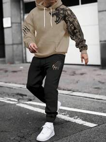 Manfinity LEGND 寬鬆版型男士動物印花連帽衫和束口運動長褲套裝 - 卡其色 - 查看 1