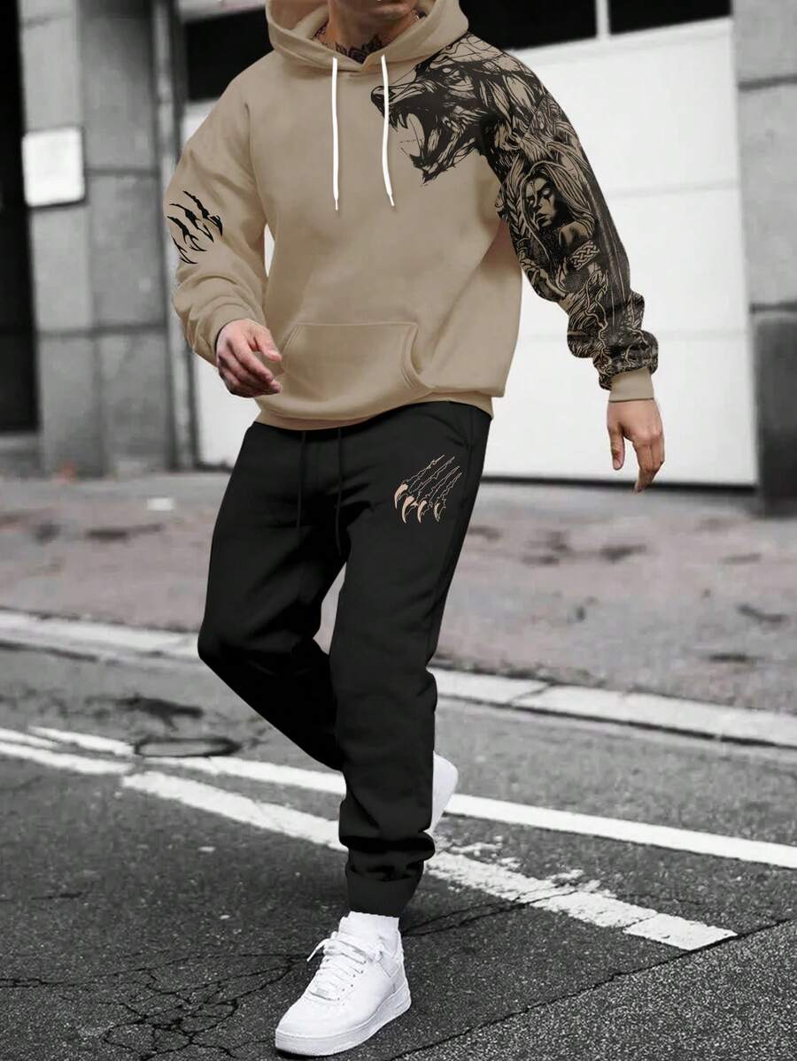 Manfinity LEGND 寬鬆版型男士動物印花連帽衫和束口運動長褲套裝 - 卡其色 - 查看 1