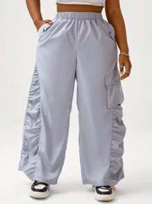 Flirla Plus Size Solid Color Cargo Pants With Pleated Detail Fall Cloth For Women - Light Grey - View 6