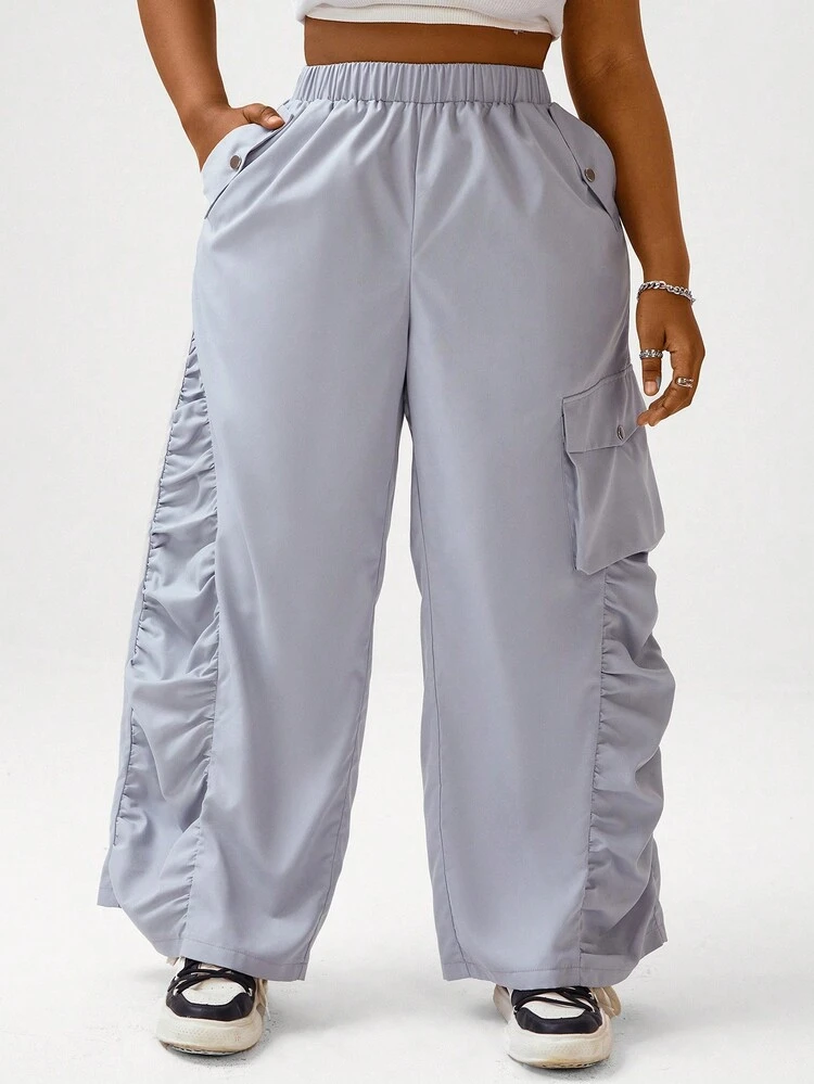 Plus Size Solid Color Cargo Pants With Pleated Detail Fall Cloth For Women