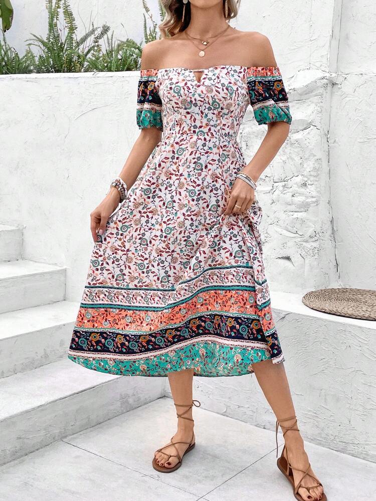Women's Off Shoulder Full Print Puff Sleeve Dress