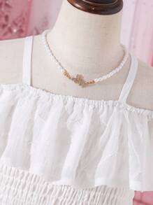 SHEIN Tween Girls' Solid Color Off Shoulder Ruffle Hem Dress