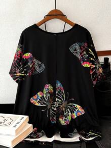 EMERY ROSE Plus Size Women Butterfly Print Loose Fit T-Shirt, Graphic Tee, Women Summer Top