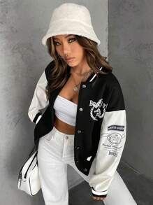 SHEIN Unity 字母圖案撞色落肩袖條紋飾邊飛行員夾克 - 黑色 - 查看 3