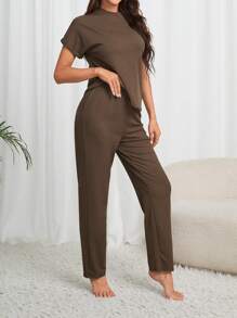 SHEIN Women's Ribbed Batwing Sleeve Top & Pants Loungewear Set Outfit - Coffee Brown - View 4