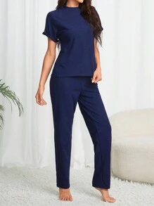 女式短袖立领上衣和裤子家居服套装 - 寶藍色 - 查看 3