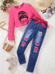 SHEIN 2入組青少年女生休閒圓領長袖短t恤和彈性腰帶牛仔印花褲,附帶皮帶,適用於春秋季節 - 玫紅色 - 查看 1