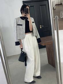 DAZY 休闲商务纯色直筒口袋西装裤，女士正装裤秋冬 - 白色 - 查看 6