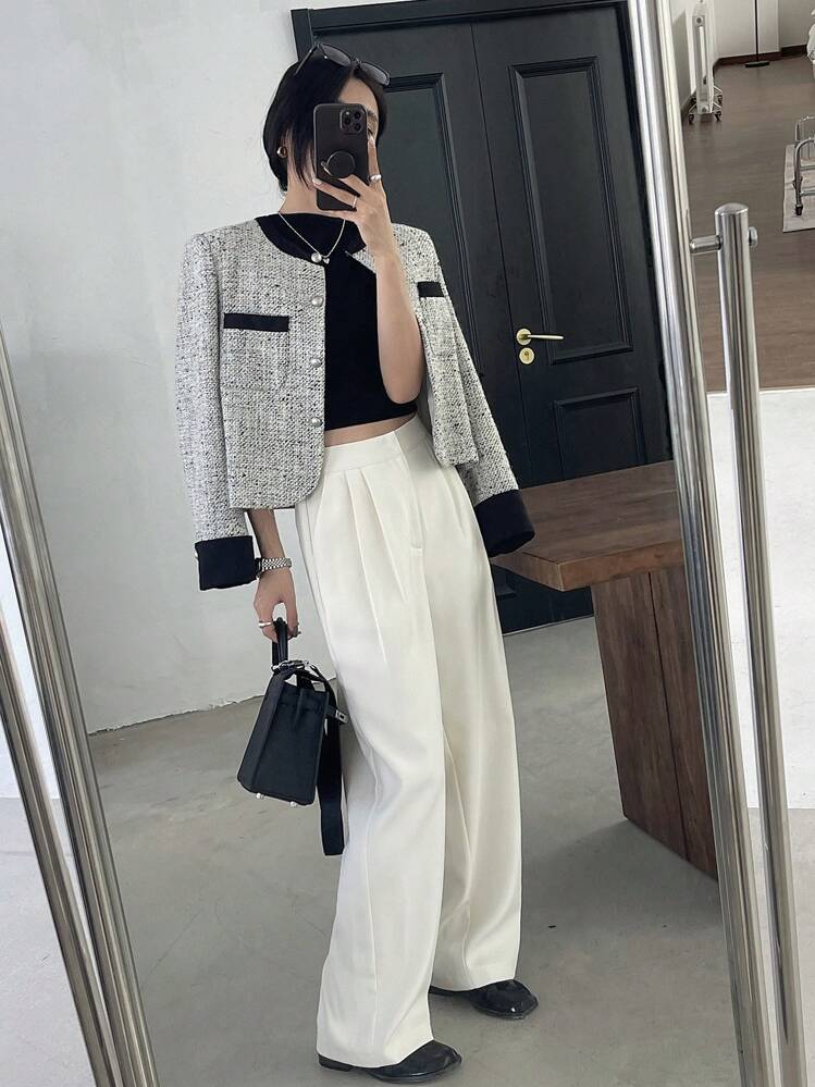 DAZY Calça de Terno Reta de Cor Sólida Casual de Negócios com Bolsos, Calça Social Feminina para Outono/Inverno - Branco - Visão 6