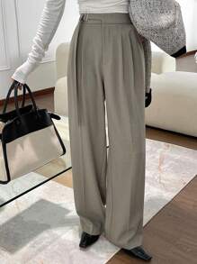DAZY 女士纯色系带阔腿裤，带口袋，商务正装裤 - 卡其色 - 查看 8