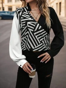 SHEIN Clasi 大尺寸色塊條紋拼接襯衫,帶有缺口式衣領 - 黑與白 - 查看 1