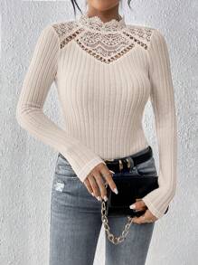 SHEIN Frenchy Women's Slim Fit Lace Patchwork Ribbed T-Shirt - Apricot - View 5