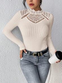 SHEIN Frenchy Women's Slim Fit Lace Patchwork Ribbed T-Shirt - Apricot - View 6