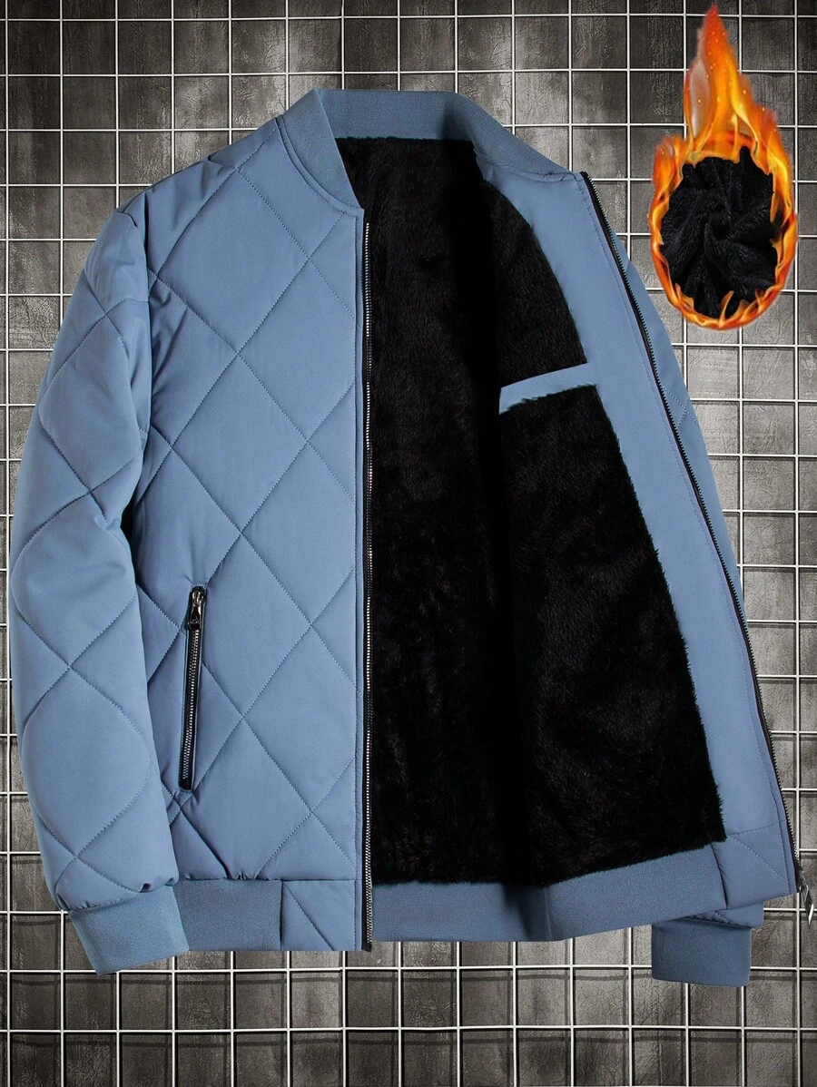 Manfinity Homme 男士寬鬆實色毛絨布棒球領夾克 - 霧霾藍 - 查看 1