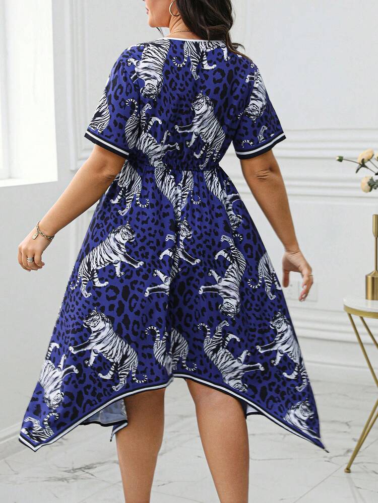 Plus Size Women's Asymmetrical Hem Tiger Printed Dress