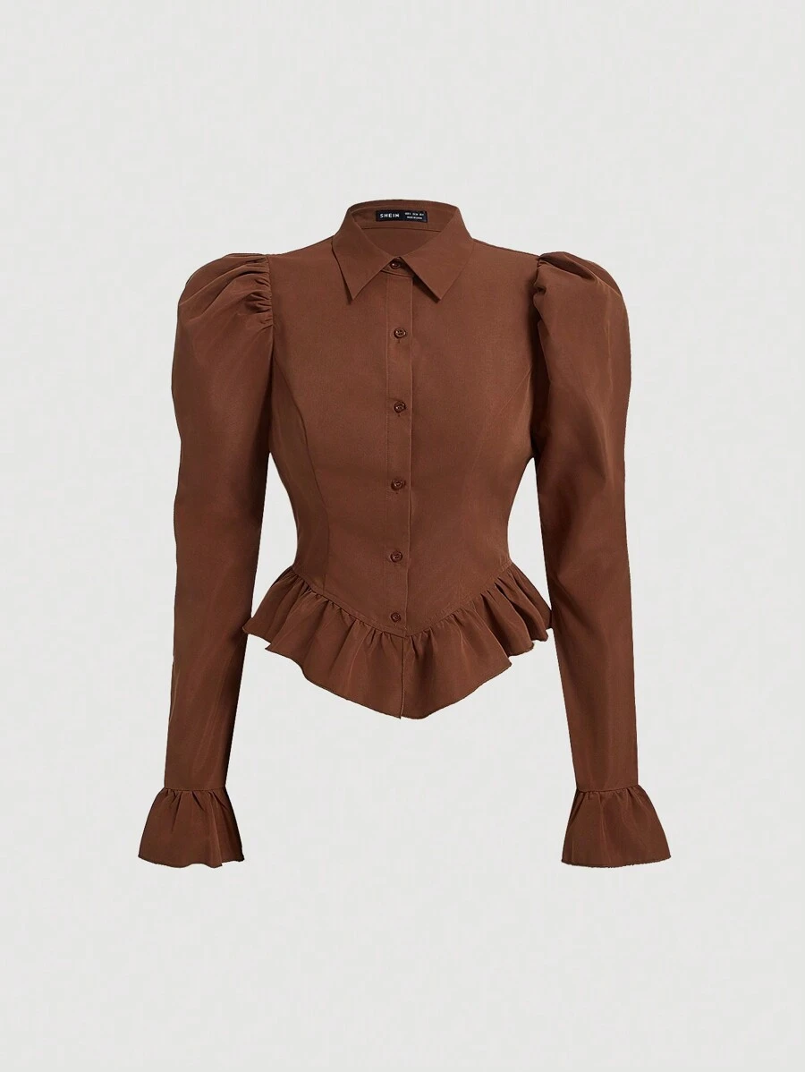 SHEIN MOD Women's Solid Color Puff Sleeve Shirt With Ruffle Hem - Brown - View 1