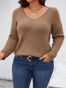 SHEIN Essnce 女款大尺碼v領毛絨衣 - 卡其色 - 查看 5