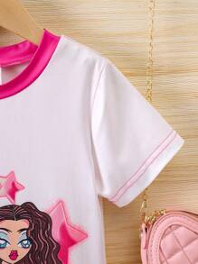 SHEIN 春夏季少女可愛風格漫畫印花短袖連衣裙,圓領對比色 - 玫紅色 - 查看 5