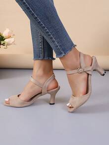 Fashionable, Concise, Comfortable Velvet Buckle Strap High Heels - Khaki - View 5