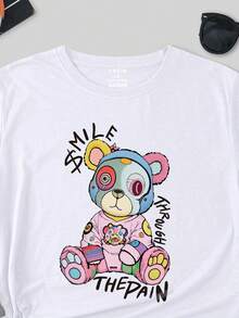 SHEIN EZwear 大尺寸卡通字母印花t恤 - 白色 - 查看 5