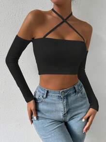 SHEIN Unity Áo crop top trễ vai nữ có cổ chéo, đi chơi - màu đen - Xem 1