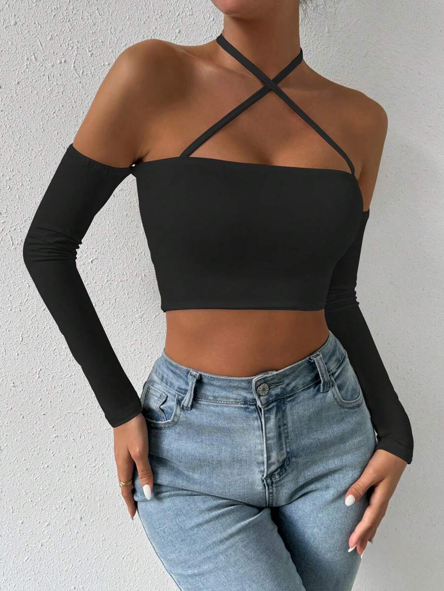 SHEIN Unity Áo crop top trễ vai nữ có cổ chéo, đi chơi - màu đen - Xem 1