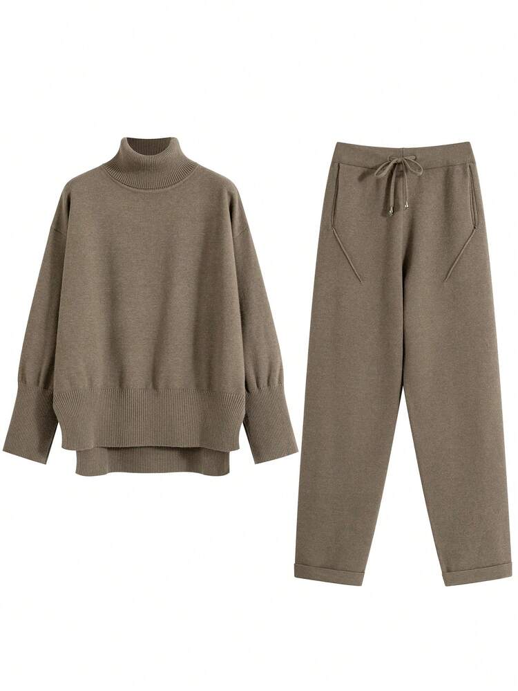 GIGOGOU Autumn Winter Women Sweater Tracksuit 2 Pieces Knit Pants Set - Coffee Brown - View 1
