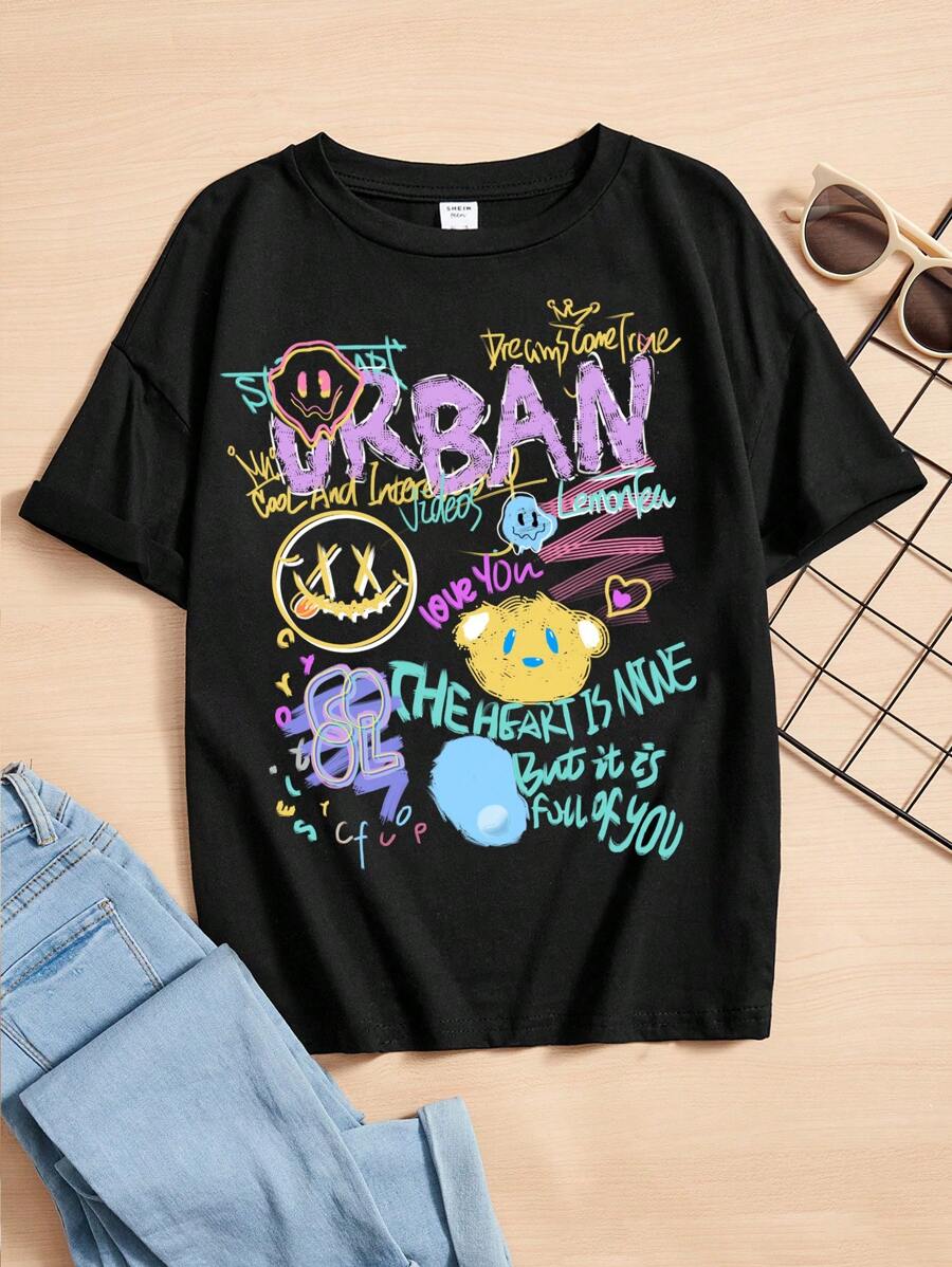 SHEIN Leap Crew Teen Girl Cartoon & Slogan Graphic Drop Shoulder Tee