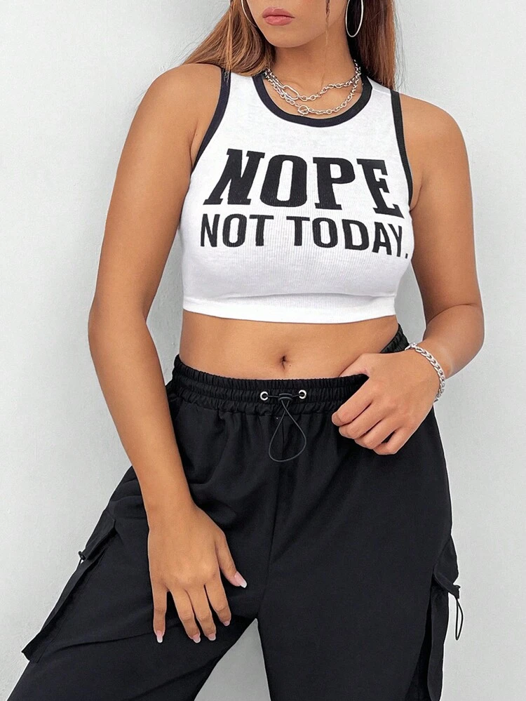 Plus Size Women's Letter Printed Vest And Overalls Set