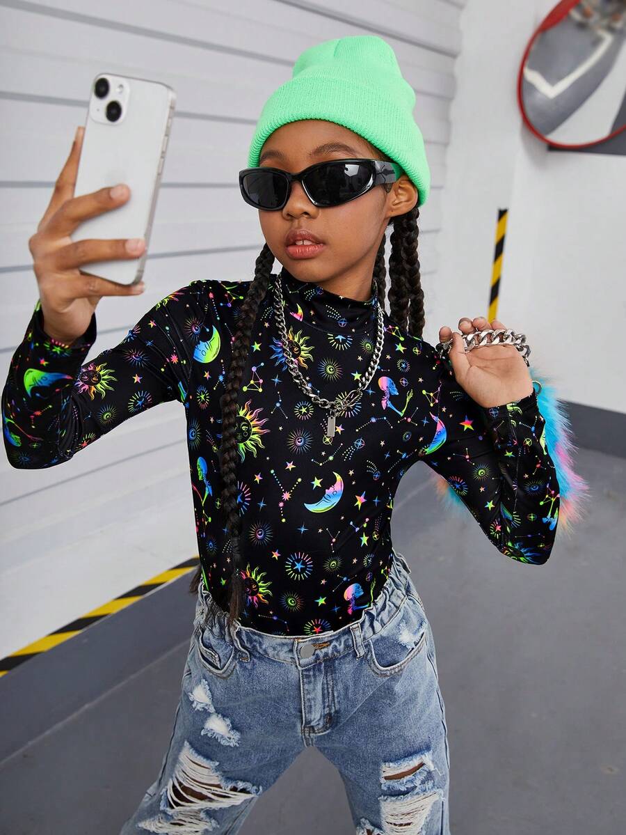 SHEIN Cô gái Tween Giải trí Mặt trăng , mặt trời Và Ngôi sao In Cổ đứng Tay áo dài Áo - màu đen - Xem 1