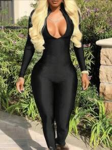 Long Sleeve Zipper Bodycon Jumpsuit - Black - View 3