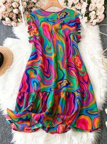 Vestido de verano con estampado de mármol y volante en el borde, talla grande - Multicolor - Ver 2