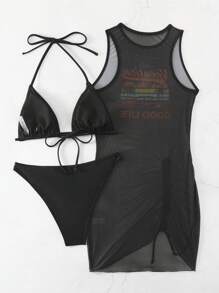 Swim Vcay Của phụ nữ Lá thư & bản in cây cọ Halter Neck Bộ Bikini Liên hoan âm nhạc - màu đen - Xem 2