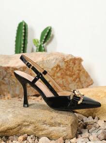 大碼女鞋高跟鞋，春秋時尚休閒細跟尖頭鞋，黑色 - 黑色 - 查看 4