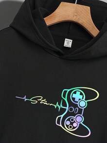 SHEIN Tween Boys' Casual Game Console Patterned Long Sleeve Hooded Sweatshirt And Sweatpants 2pcs/Set, Suitable For Autumn And Winter - Black - View 3