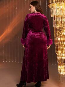 Modelyn Burgundy Red Plus Fuzzy Cuff Flannelette Dress - Burgundy - View 2