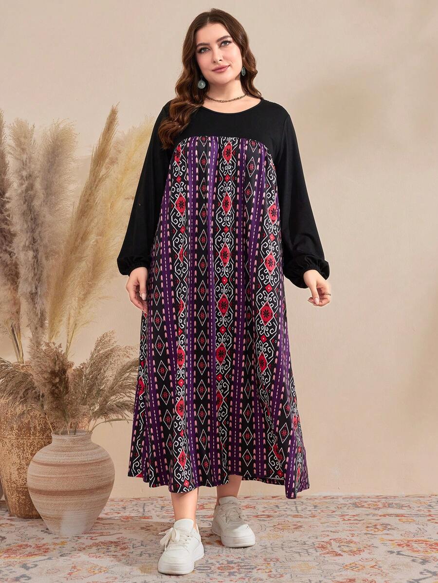 Al Najma Kích thước lớn Họa tiết Hình học Tay áo lồng đèn Đầm - Nhiều màu - Xem 1