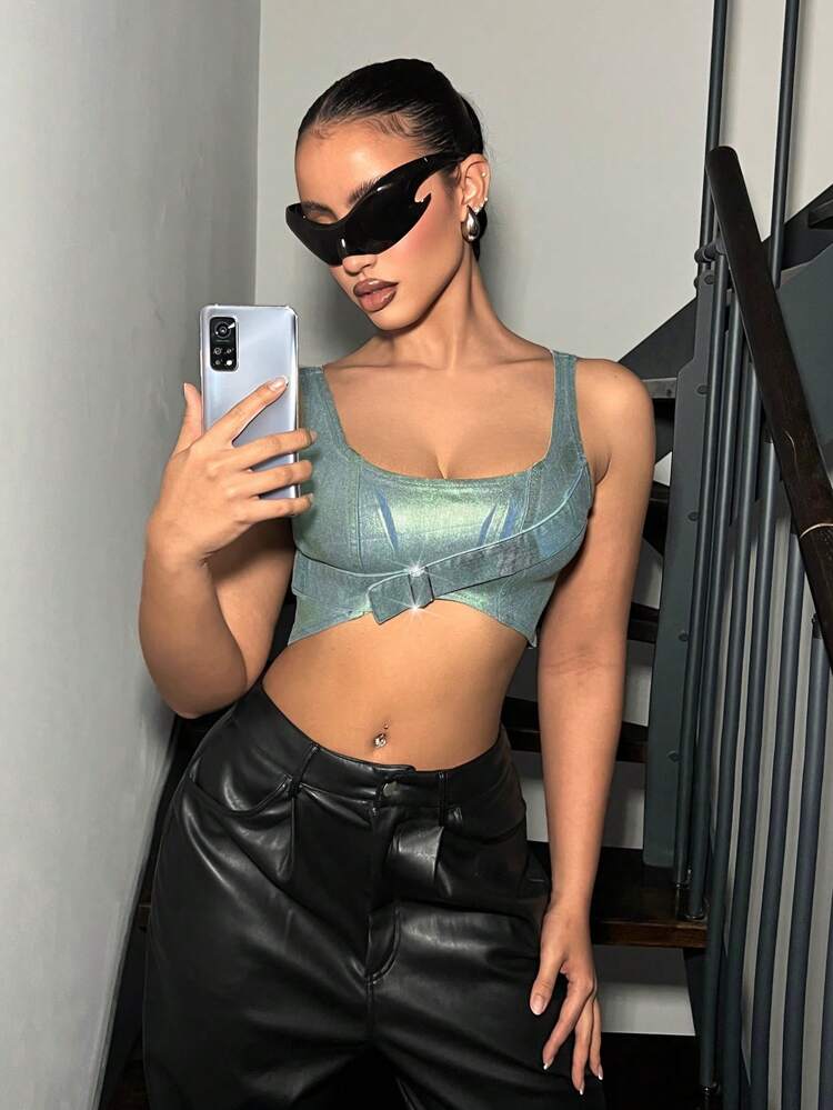 Metallic Super Crop Top Women's Denim Vest