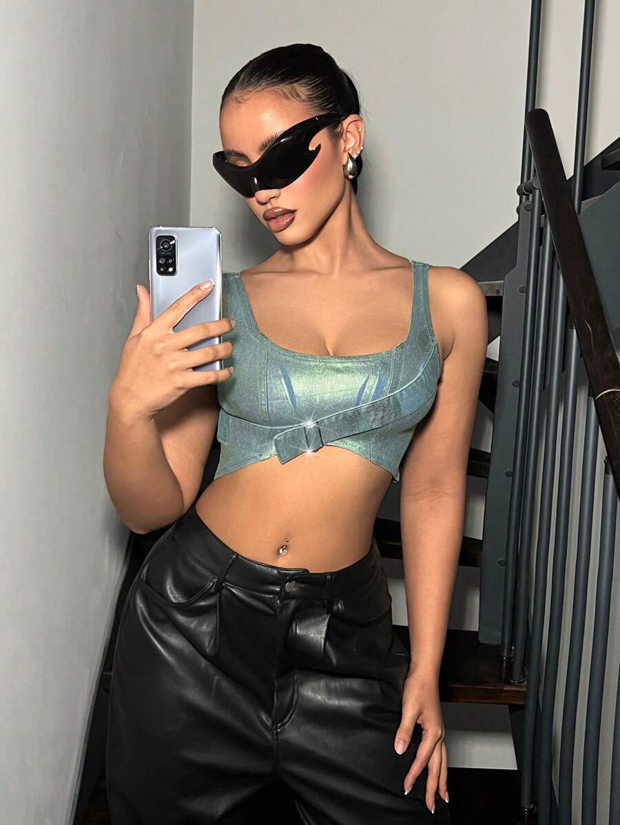 SHEIN ICON 金屬超短款背心女士牛仔背心 - 彩色 - 查看 1