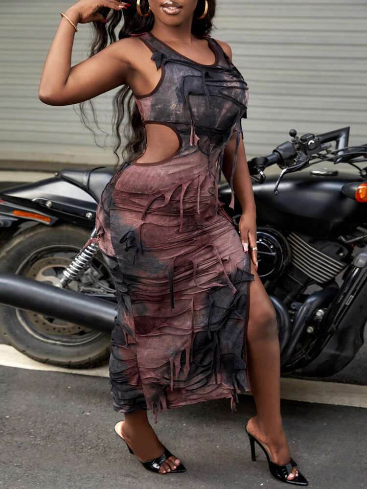 Brick Red Tie Dye Knitted Jacquard Cutout Dress