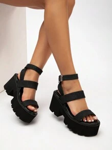 歐美風格厚底休閒涼鞋黑色寬頻時尚女鞋大尺碼高跟鞋 - 黑色 - 查看 1