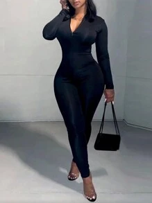 Long Sleeve Zipper Bodycon Jumpsuit - Black - View 1