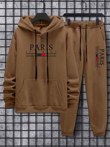 Manfinity Homme Men's Letter Printed Hoodie And Sweatpants Set - Coffee Brown - View 2